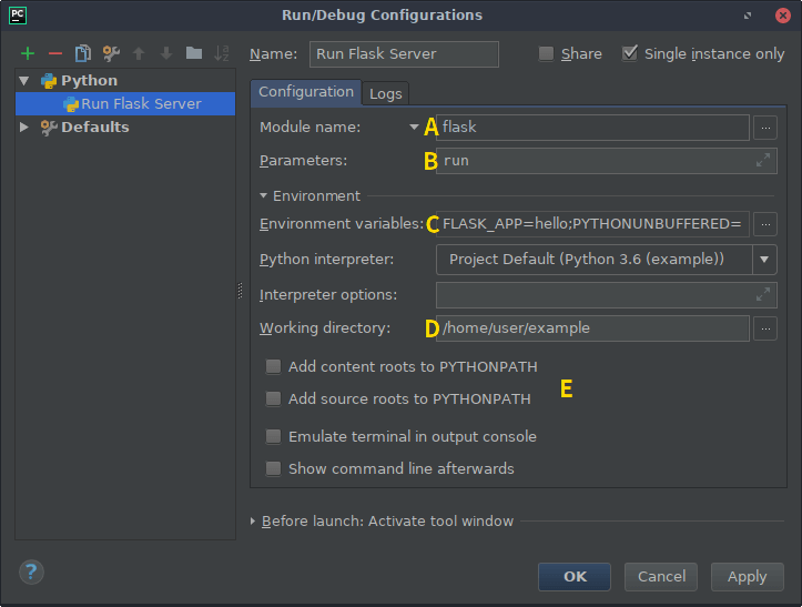 screenshot of pycharm's run configuration settings